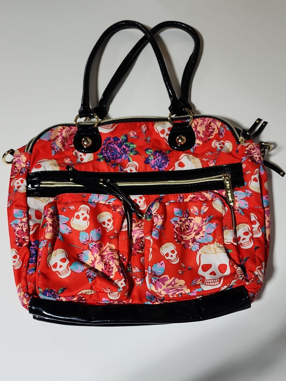 Betsey Johnson Red Floral Skull Tote with Black Trim